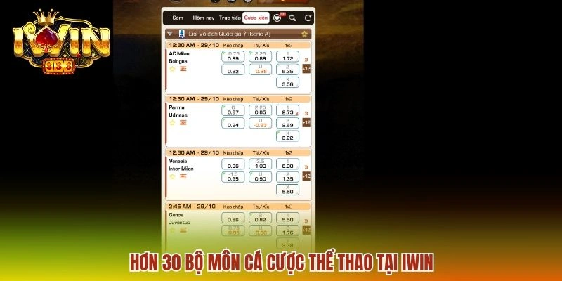 Hơn 30 bộ môn cá cược thể thao tại IWIN